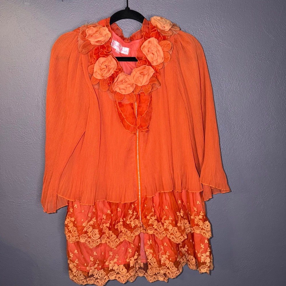 Pretty Angel Orange Floral Ruffle Lace Zip Romantic Silk Blend Tunic Top Sz XL